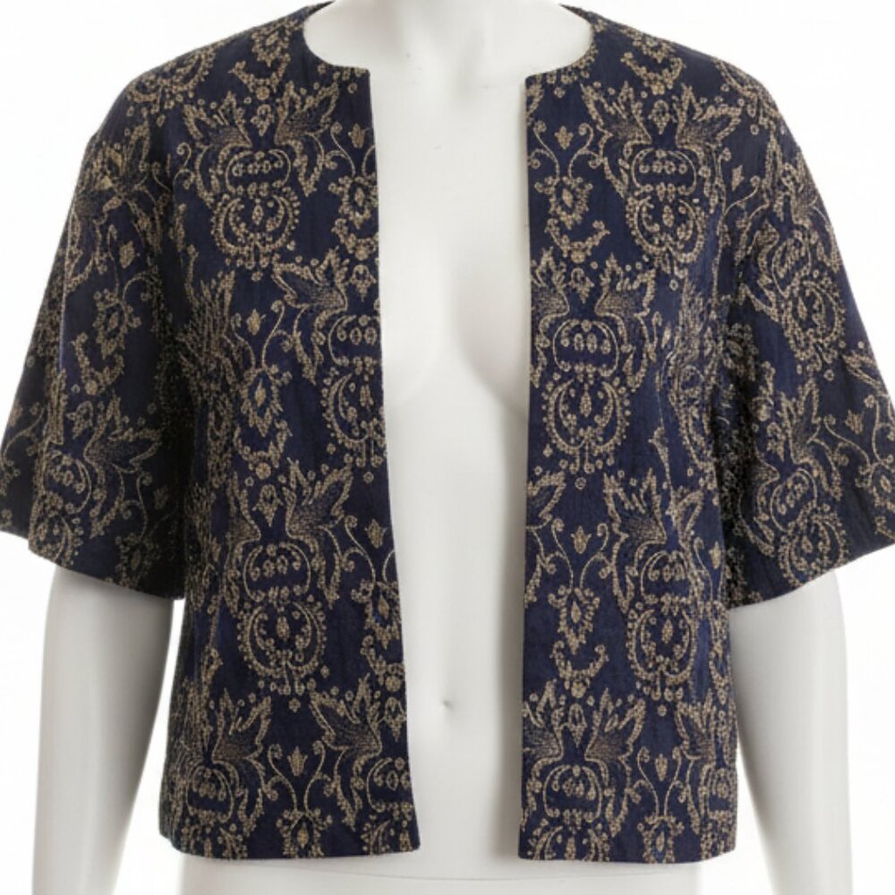 Vintage Coat Vintage Cropped Jacket Navy Blue Gold Stitching 3/4 Sleeve Jacket